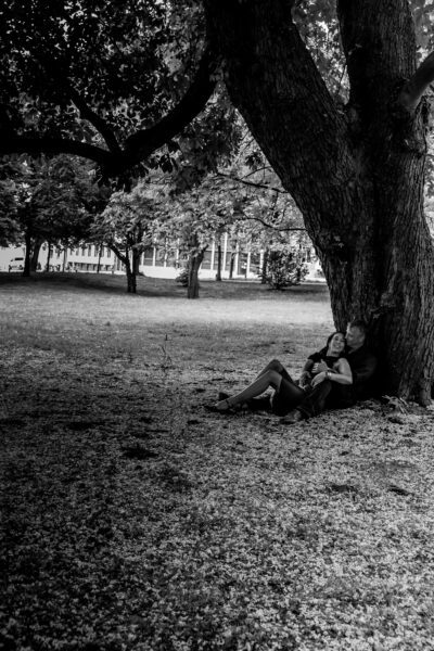 Ein Paar sitzt eng umschlungen am Fuß eines großen Baumes in einem weitläufigen Park. Sie lehnt sich lachend in seine Arme, während er sie zärtlich hält. Das Paar befindet sich am rechten Bildrand, während der Baum und die Wiese den Großteil des Bildes einnehmen. Die Szene wirkt ruhig, liebevoll und geschützt unter dem Blätterdach.